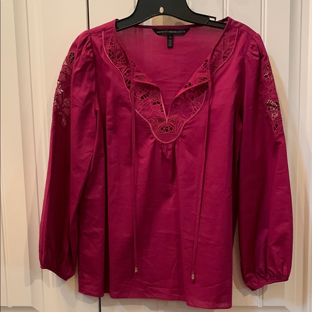 White House Black Market Pink Embroidered Puff Sleeve Blouse